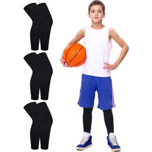 Roadbox Kids Long Compression Leg Sleeves, 2/3 Pairs Youth Sports Basketball Support, Football Running Cycling for Boys Girls (Black)