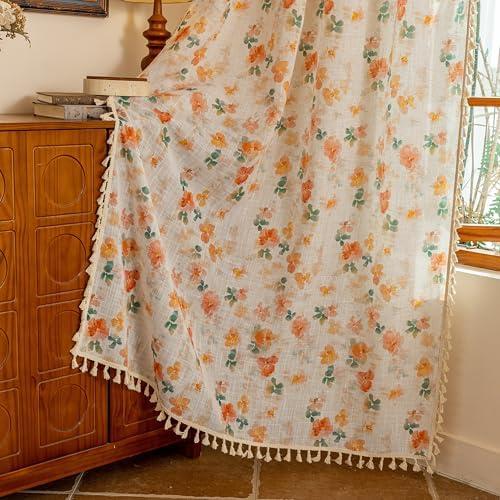 MYSKY HOME Floral Boho Linen Curtains 84 inch Long 2 Panels Set Farmhouse Vintage Orange Printed Semi Sheer Light Filtering Spring Window Drapes With Tassels Back Tab for Living Room Bedroom, W50 inch
