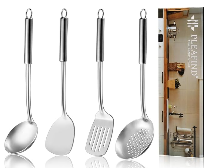 4 Pcs Cooking Utensils Set, Stainless Steel Kitchen Utensils, Heat Resistant Metal Kitchen Tools Include Solid & Slotted Turner Wok Spatula, Serving Spoon, Ergonomic Handle, Easy to Clean, Silver