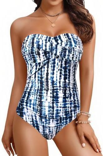 Yonique Womens Strapless One Piece Swimsuit Tummy Control Bandeau Bathing Suits Slimming Twist Front Swimwear, Medium