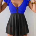 Women's One Piece Ruffle Swimsuit Sexy Mesh One Piece Swim Dress Tummy Control V Neck Swimwear (Royal Blue and Black)