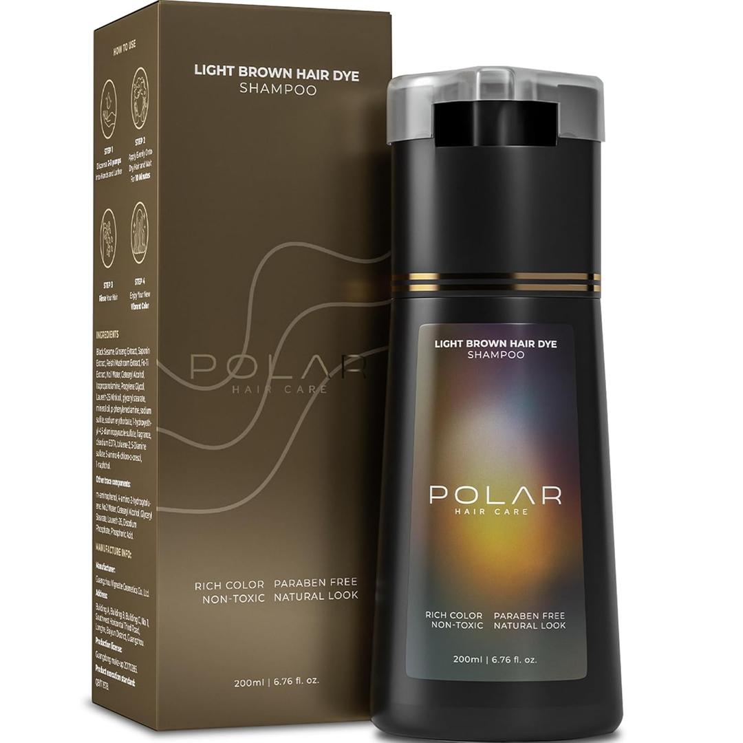 Polar Haircare - Dye Shampoo for Gray Hair for Women & Men Light Brown for Gray Hair - Natural Semi Permanent Light Brown Coloring Shampoo - Vegan Coloring for Grays, Skin-Safe Gentle Dye 6.76 Fl Oz