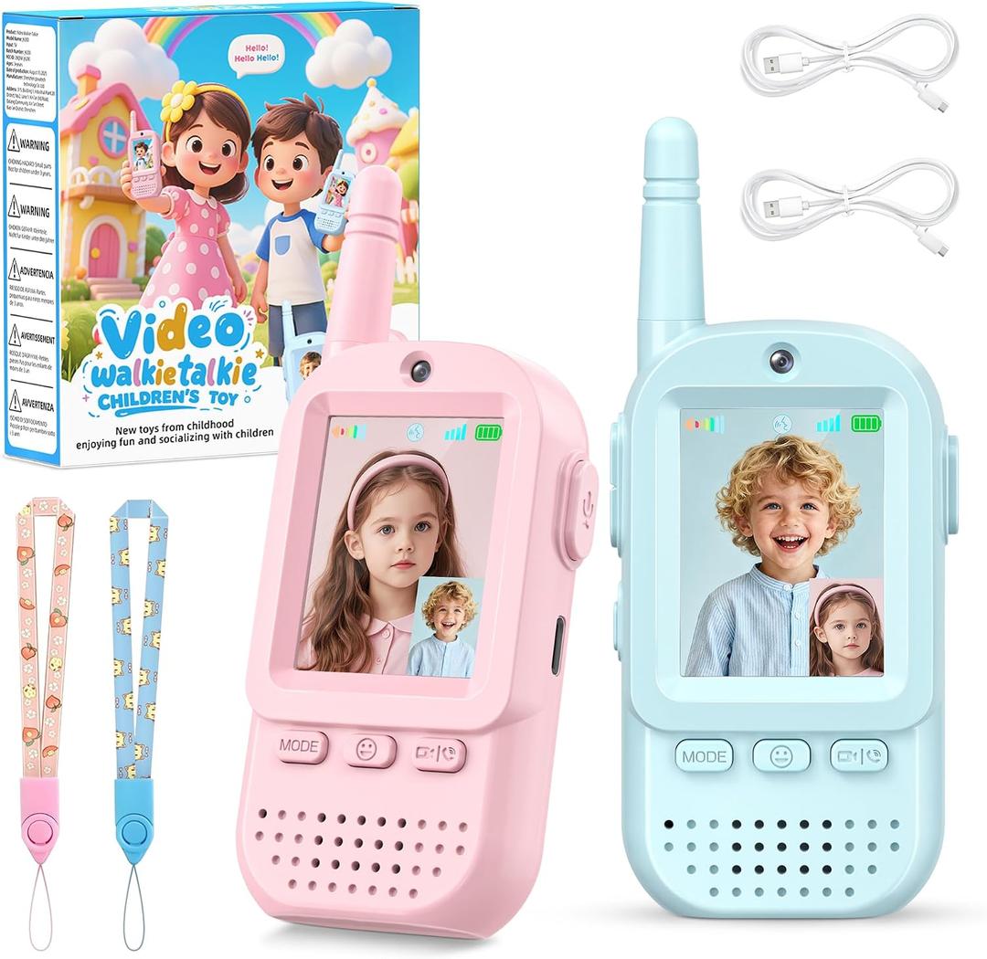 Video Walkie Talkies for Kids 2 Pack Rechargeable Kids Walkie Talkies Intercom Toys for Age 3-12 Year Old Boys Girls, HD Camera & Voice Changer, 2'' Screen, Outdoor Play Camping Hiking Family Games