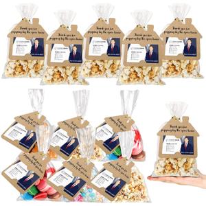 Hoolerry 100 Set Open House Gift Real Estate Agent Supplies Popcorn Bag with Tag Open House Supplies Thanks Tag Business Card Thank You for Popping by Candy Bag for Estate Agent Favors (Brown)