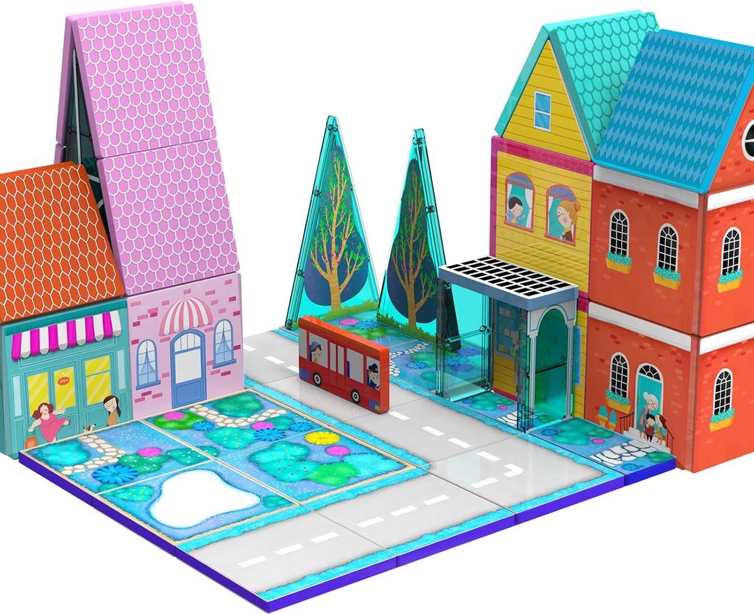 Magnetic Tiles for Kids, Fairytale Town Road Set, Magnetic Blocks Magnet Building Toys for 3-5 4-8 Years Old Boys Girls, Expansion Themed Magnet Educational STEM Creativity Toys 3+ Toddlers Xmas Gifts