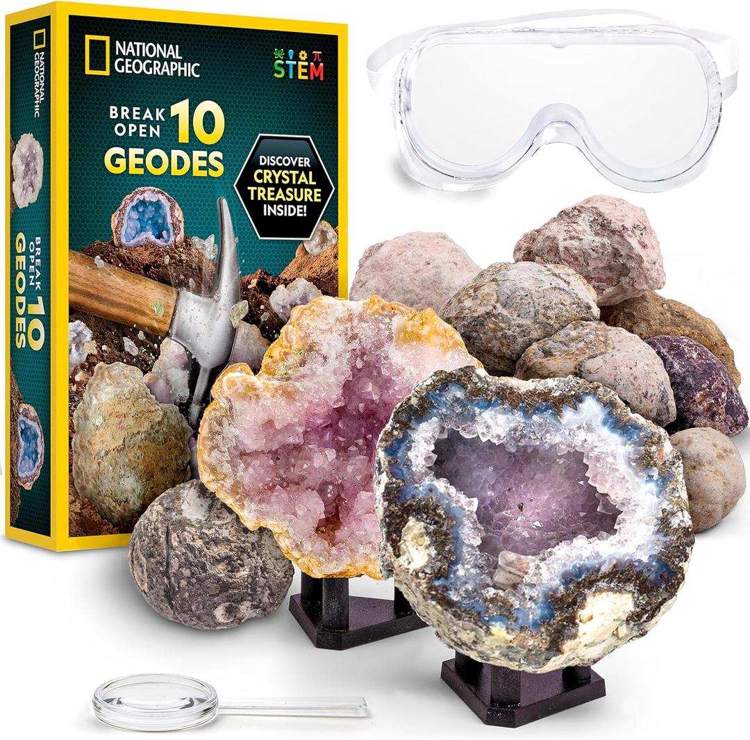 National Geographic Break Open 10 Premium Geodes  Includes Goggles & 2 Display Stands - Great STEM Science Kit, Geology Gift for Kids, Break Your Own Geodes with Crystals