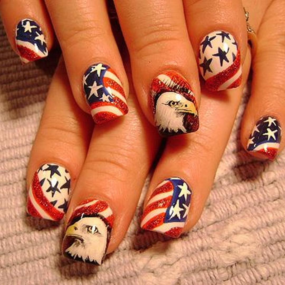 7 x 24Pcs Independence Day Press on Nails Short Square Fake Nails Eagle America Flag Full Cover Acrylic False Nails Red Glitter White Stripe Glossy Stick on Nails for Women 4th of July Decor, (Mix Nails)