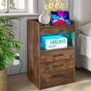 Umeiga Bedroom Nightstand, 4 Storage Drawers Bedside Table with Charing Station 16 LED Light Side Table Small End Table for Living Room Dorm Wood Furniture, Night Stand Rustic Brown