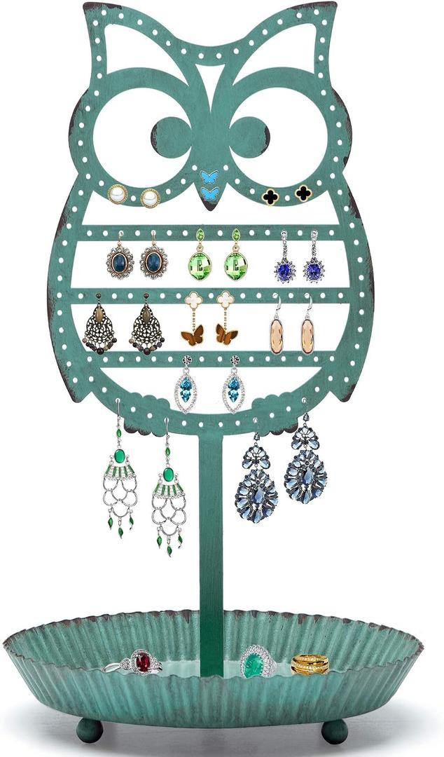 NIKKY HOME Earring Holder Stand Hanging Organizer Metal Jewelry Tree Cute Owl Ear Stud Holder Table Top Tower Rack with Ring Tray for Women Girls (134 Holes), Teal