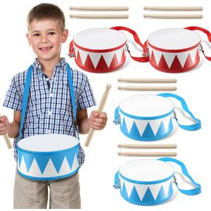 Boao 2 Pcs Kids Drum Set, 8 Inch Wooden Drum Toy with Adjustable Strap and 4 Drumsticks, Educational Sensory Musical Instrument for Toddlers Kid Baby Boys Girls Gift