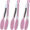 Small Serving Tongs with Silicone Tips 7-Inch Mini Tongs, Set of 3 (Pink)