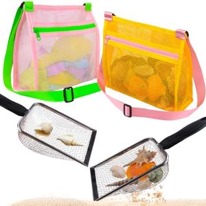 MUYIZI Beach Mesh Shovel with Mesh Beach Bag for Shell Collecting, Kids Sand Sifter for The Beaches,Shell Scooper for Beaches,Shark Tooth Sifter Dipper,Sea Shell Bags for Kids,Sand Toys (Pink+Yellow)