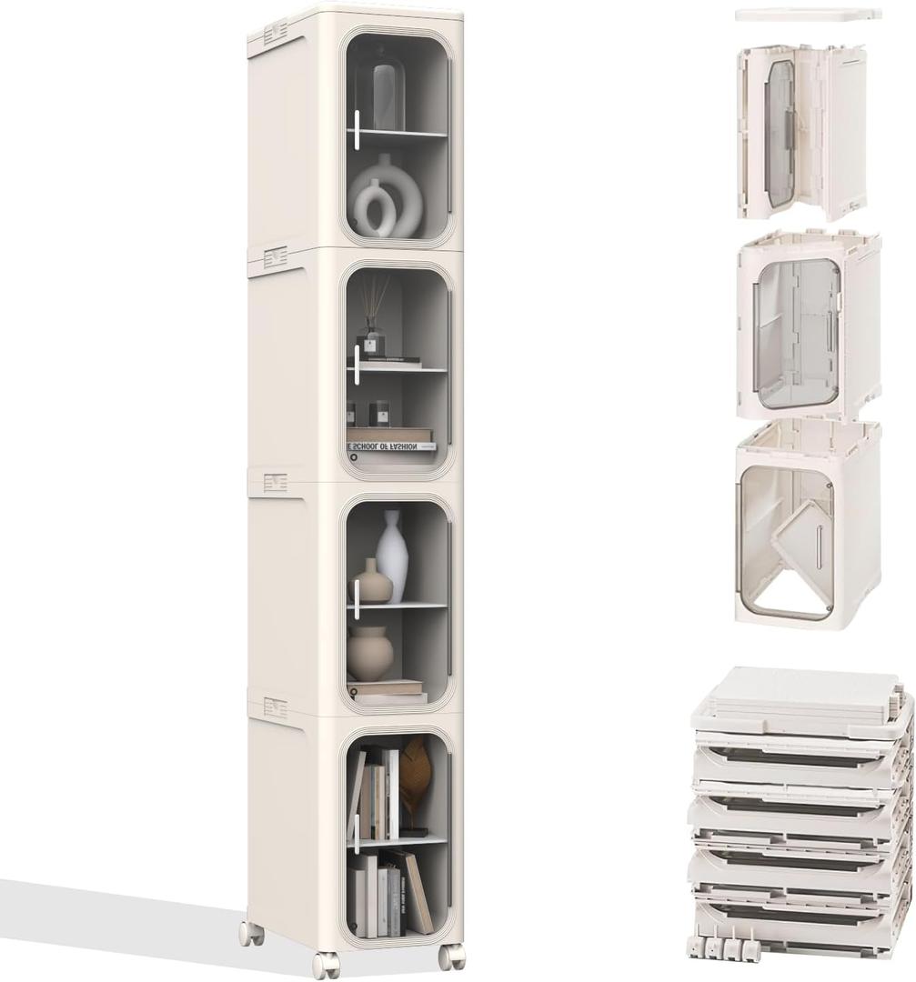 50"x13.39" Slim Tall Beige Bathroom Cabinet Narrow Storage for Small Spaces | with Doors and Shelves,Movable Skinny Organization