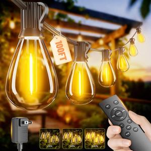 Sikitul 100FT Outdoor String Lights with Remote & Dimmable, 35+1 Shatterproof Waterproof Bulbs, Dimmable Outside Hanging Patio Lights for Backyard, Porch, Deck, Garden 2700K Warm White