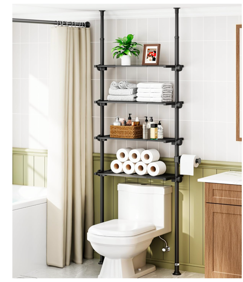 ALLZONE Adjustable Over The Toilet Storage Shelf, 4-Tier Ample Over Toilet Bathroom Organizer and Storage,Tension Mounted Above Toilet Storage Cabinet for Versatility, Fits 64-113 Inch Heights, White