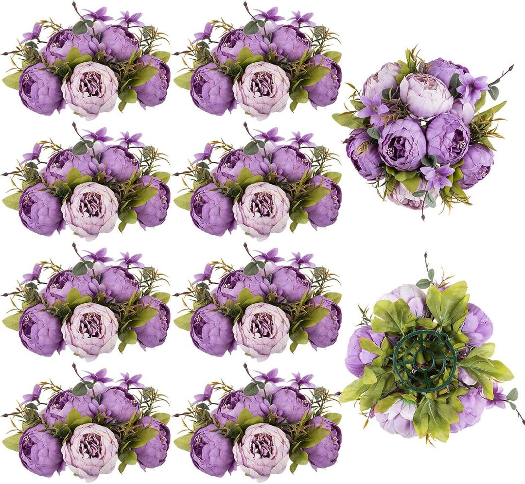 BLOSMON Artificial Flowers Balls Centerpieces: 10 Pcs 9.5" Light Purple Fake Peonies Wedding Center Piece Decoration for Table Kissing Ball Floral Arrangements, Base with Faux Peony Party Home Decor