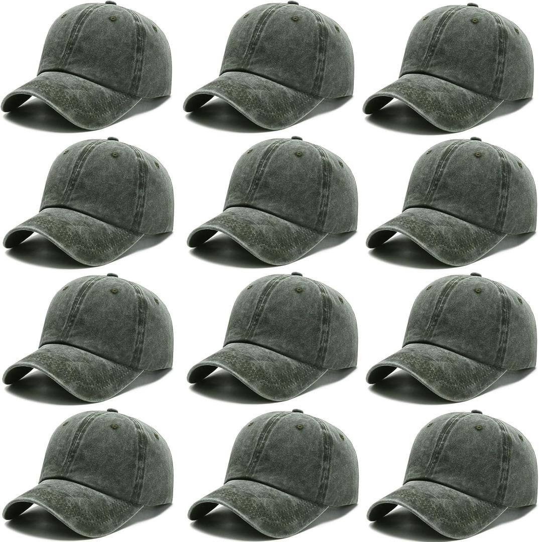 12Pieces Vintage Washed Baseball Caps for Women Men Distressed Twill Adjustable Dads Hats Unisex Style, Army Green 
