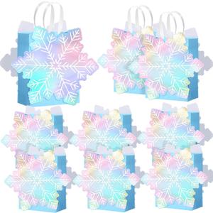 Kolldenn 24 Pack Winter Snowflake Gift Bag Holographic Snowflake Party Favors Gift Bags with Handle Paper Candy Treat Goodie Princess Bags for Wonderland Holiday Birthday Party Supplies
