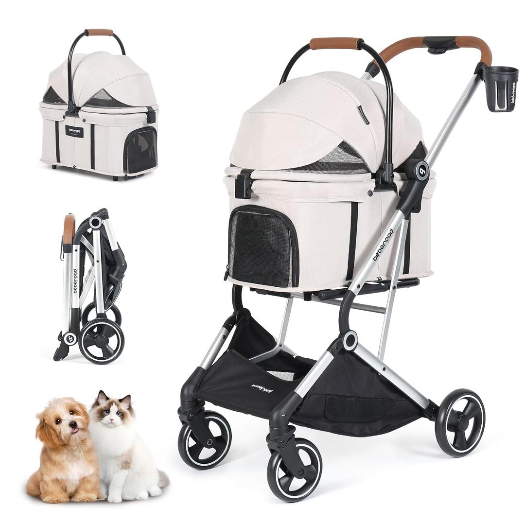 T3 Pro 3-in-1 Pet Stroller for Small Dogs & Cats  Foldable, Lightweight with Detachable Carrier, 180 Canopy & Cup Holder (Beige)
