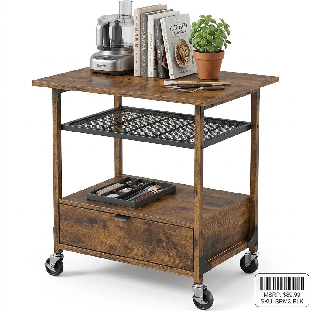 3-Tier Rolling Kitchen Island Cart with Drawer and Storage Shelves, Industrial Utility Craft Stand with Caster Wheels for Home & Office – Rustic Brown, 24" W × 18" D × 32" H