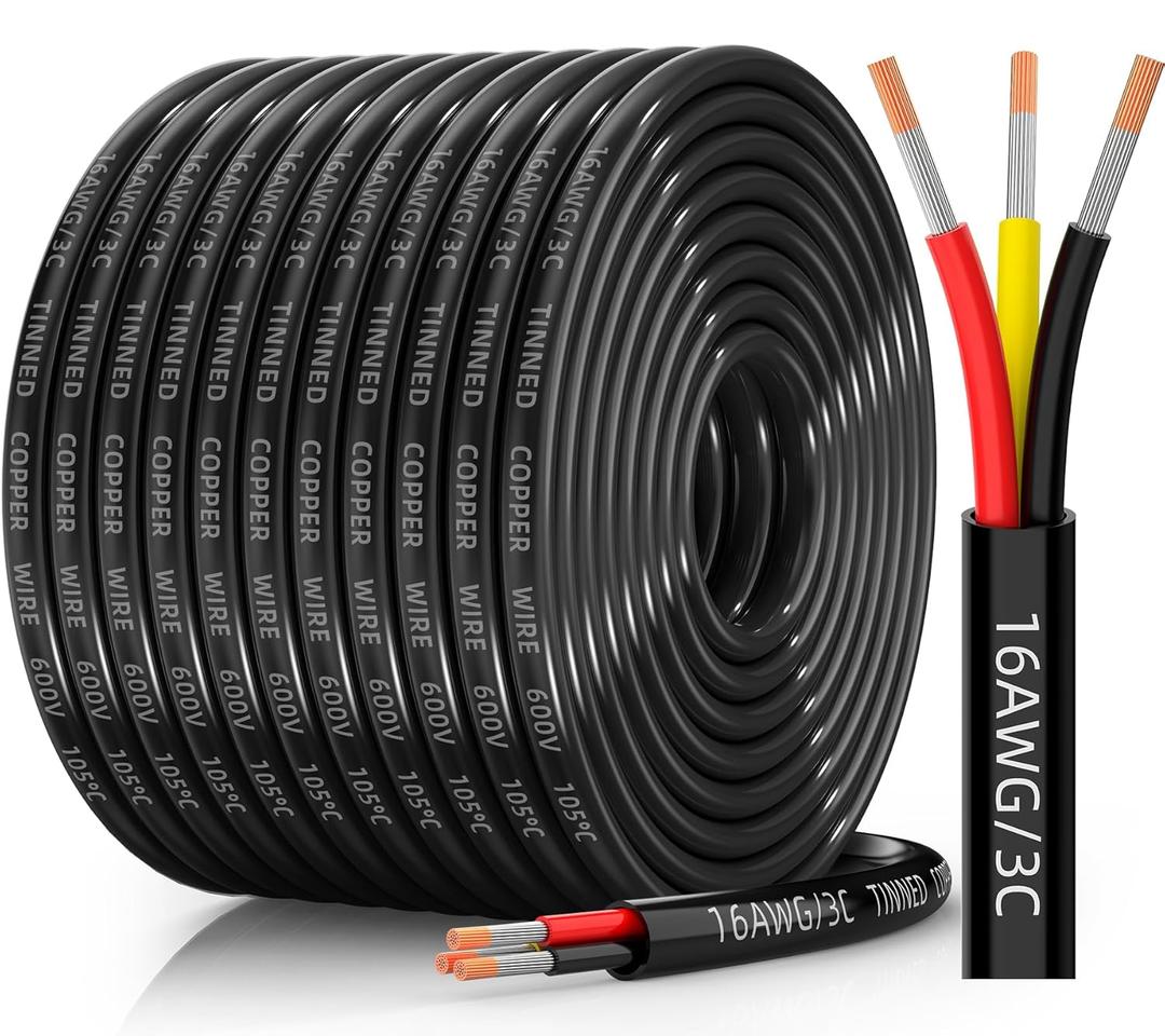 CONEPY 16 Gauge Wire 3 Conductor Electrical Wire, 16 AWG Tinned Copper Stranded PVC Cable, IP68 Waterproof/Flexible/Low Voltage Cord for Automotive, Marine, Solar, LED Lighting (100FT)