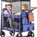 Wagon Stroller for 2 Kids with Insulated Snack Pack Foldable All-Terrain Wagon, 5-Point Harness & Canopy Parent Organizer Adjustable Handle (Blue)