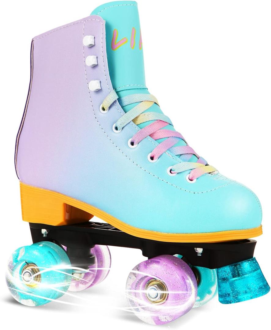 LIKU Quad Roller Skates for Girl and Women with All Wheel Light Up,Indoor/Outdoor Lace-Up Fun Illuminating Roller Skate for Kid (Purple, Size 5-6)