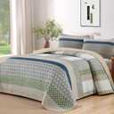 WONGS BEDDING Boho Quilt King Size, Bohemian Stripe Quilt Sets 3 Pieces Khaki Green Quilted Bedspread Set Lightweight Microfiber Coverlet Bedding Set All Season (104"x90")