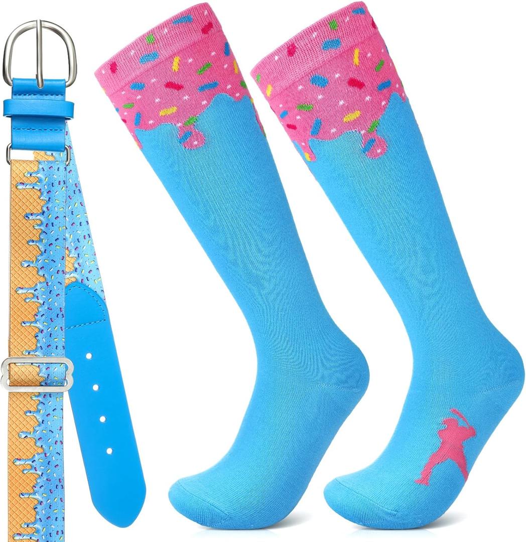 Ice Cream Drip Baseball Belt and Sock Combo, Youth Adult Adjustable Elastic Softball Belt Sock for Sport Practice (Blue, L)