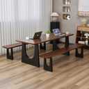 Walnut Color Long Bench Solid Wood Top Metal Legs U-Shaped Design Durable Sturdy Dining Bench Ideal for Office Home Restaurant Patio Multiple (Bench, 55.12in)