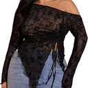 RoseSeek Women's Plus Size Sheer Mesh Off Shoulder Tops Long Sleeve Drawstring Asymmetrical Hem Ruched T Shirt Floral Black Large Plus
