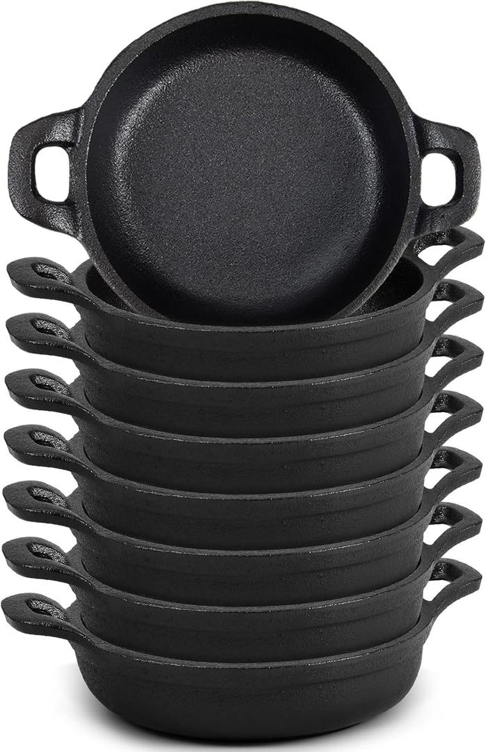 Mini Cast Iron Skillets 5 x 5 x 1.3 Inch Cast Iron Pan Small Ramekin Set Black Casserole Dish Cookware Oven Safe Mini Skillets for Kitchen Indoor Outdoor Picnic (8 Pack)