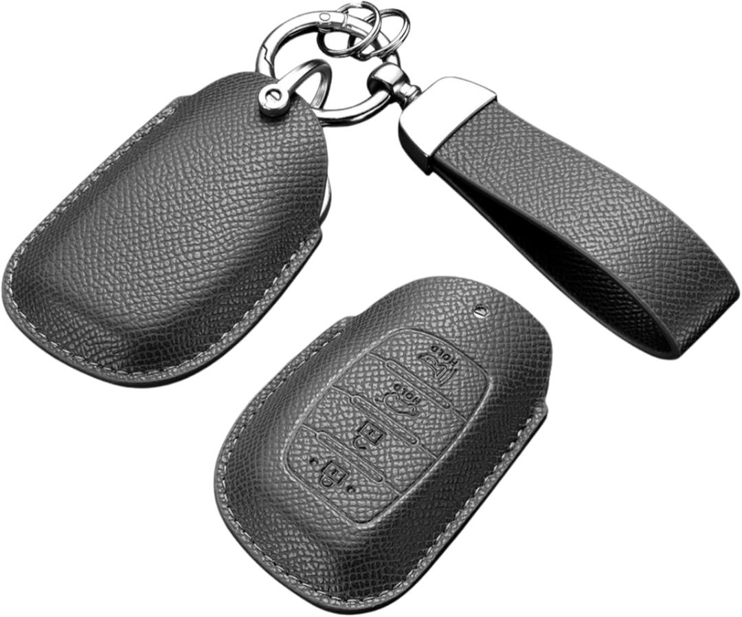 Key Fob Cover for Hyundai, Premium Leather Key Case Shell with Keychain for Hyundai Elantra GT Ioniq Sonata Tucson 4 Buttons (Grey)
