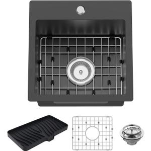 Small Black Kitchen Sink,15x15 Inch Stainless Steel Drop In Topmount Kitchen And Bar Sink Ideal Choice For For Small Space, Prep Area, RV With Bottom Grid,Soap Mat And Drain Assembly, 15x15x9 Inches