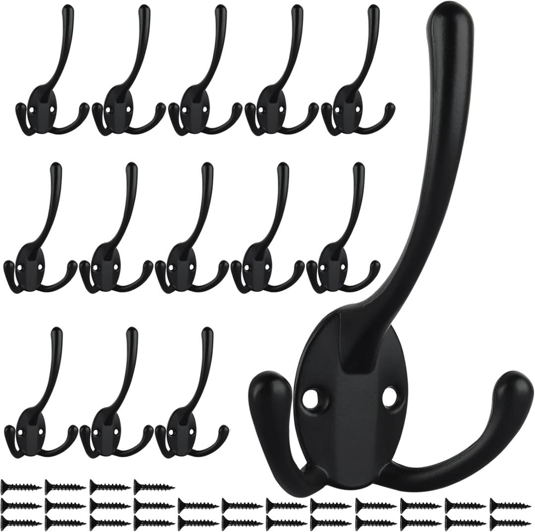 IBosins 14 Pack Big Heavy Duty Triple Coat Hooks Wall Mounted with 28 Screws, Black Retro Three Prongs Wall Hooks Utility Rustic Hooks for Coat, Bag, Towel, Umbrella