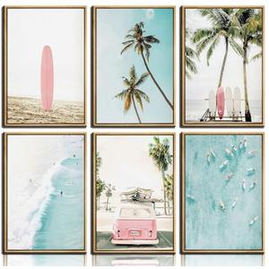 6Pcs Summer Beachy Wall Art, coastal Surfing Poster Prints, Boho Tropical Palm Tree Canvas, 12x16 Unframed, for Girls Bedroom Dorm Apartment Home Decor
