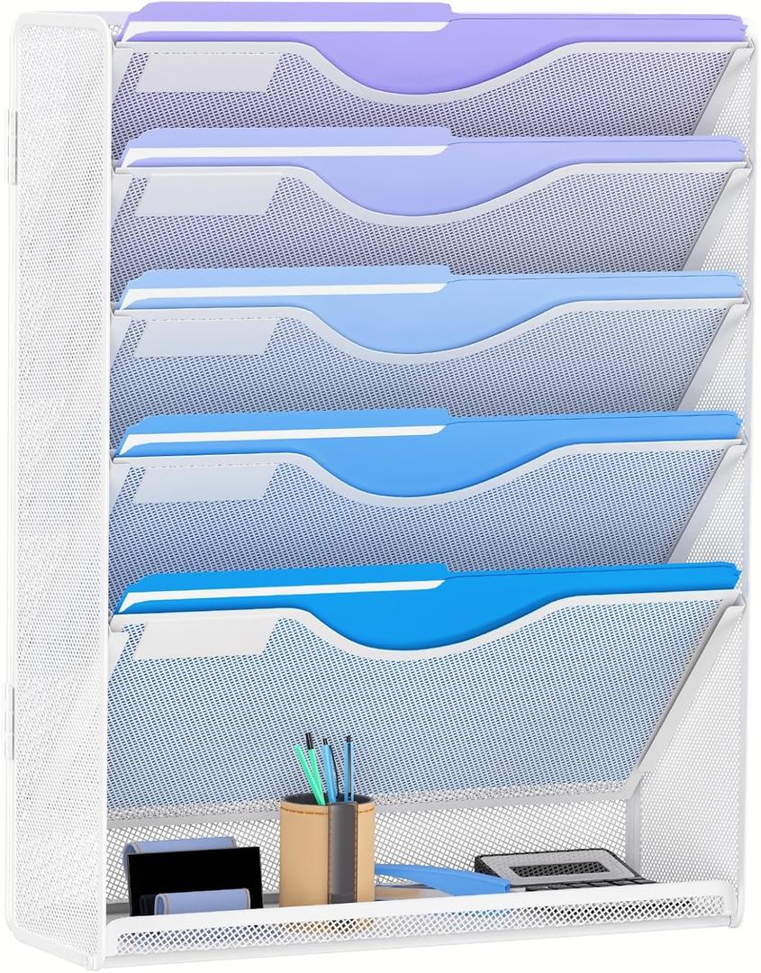 Gawerk 6 Tier Hanging File Organizer, Mesh Wall File Holder Paper Folder Rack with Bottom Flat Tray for Office Home, White