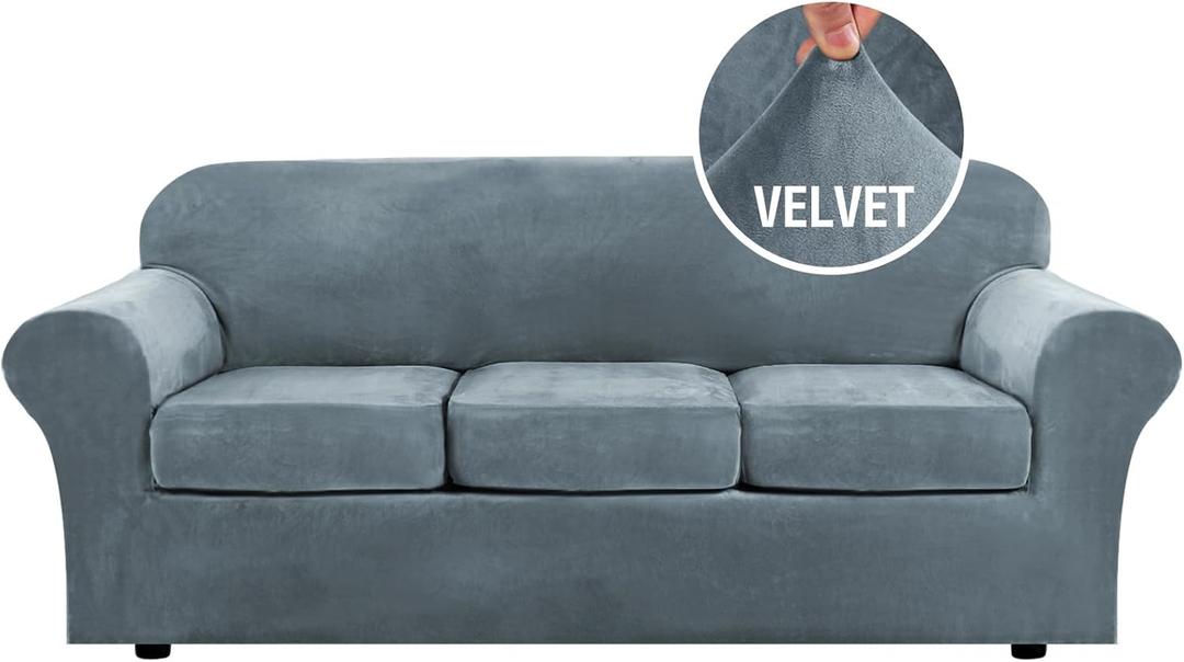 H.VERSAILTEX Modern Velvet Plush 4 Piece High Stretch Sofa Slipcover Sofa Cover Furniture Protector Form Fit Luxury Thick Velvet Sofa Cover for 3 Cushion Couch Width Up to 90 Inch (Sofa, Stone Blue)