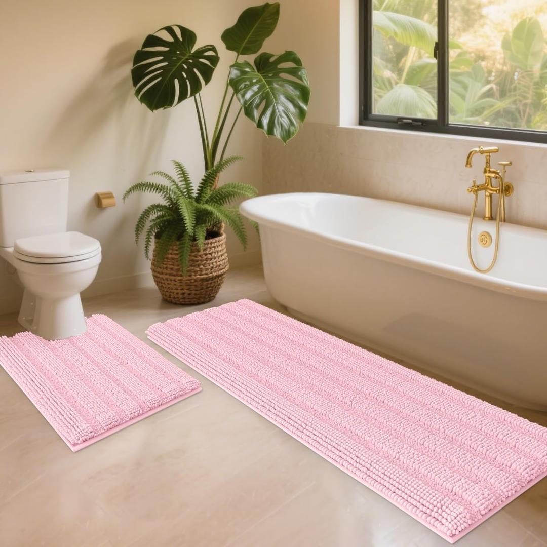 ACCUMTEK Christmas Striped Pink Toilet Bathroom Rug Mat Set 2 piece Rug Ultra Soft, Non Slip Chenille Bath Rugs, Absorbent Plush Shaggy Bath Mats for Bathroom, Bedroom, Kitchen, Shower, Tub (U Shape 2'x1'8"+4'x1'8")