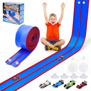 Flexible Race Car Track for Kids 15 Ft Flex Tracks Starter Set Compatible with Diecast 1/64th Cars Portable Rolls Up Race Tracks with Strong Suction Cups Birthday Gifts for Boys Girls Ages 3+ (Blue Red)