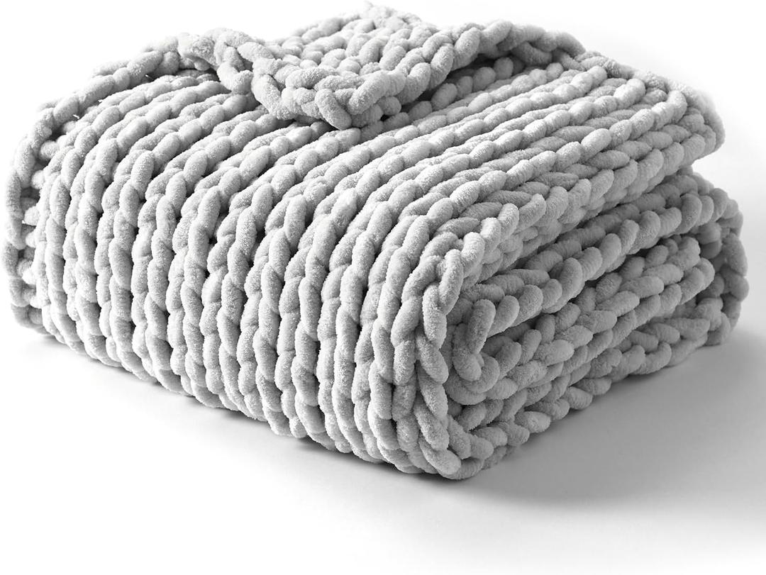 YnM Chunky Throw Blanket, Hand Knitted with Chenille Yarn, Skin Friendly, Ventilated and Breathable, Machine Washable, Home Dcor Piece for Couch, Sofa and Bed (Glacier Grey, 50x60 Inch)
