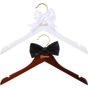 2 Pcs Bride Hanger Bride and Groom Wooden Wedding Dress Hanger Set with Bow Tie for Tuxedo Suit Wedding Gift Bridal Party Shower