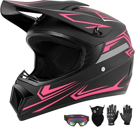 Youth Kids Dirt Bike Motocross Helmet (Goggles Gloves Face Mask) 4PCS Set, DOT Approved Girls Full Face Motorcycle Helmets, ATV BMX MX Mountain Bike Off Road Kid Helmet (Pink, M)