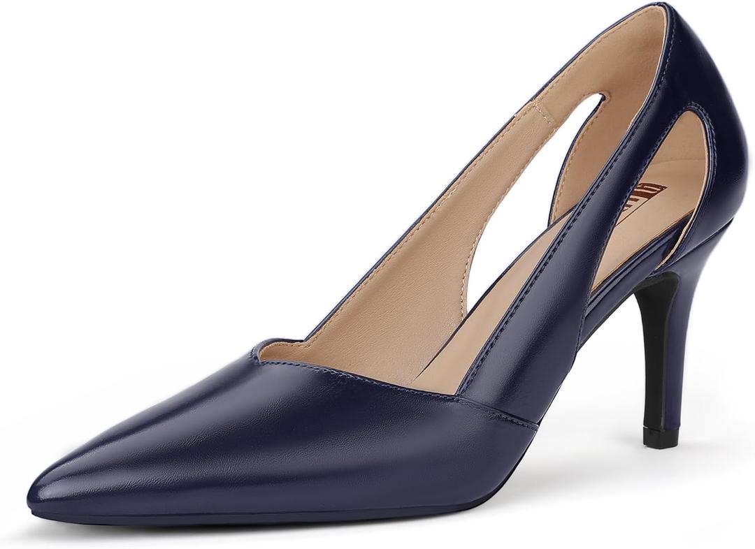 IDIFU IN3 High Closed Toe Heels Women's Pumps Stiletto Pointed Toe Dress Shoes for Women Comfortable Cut Out Wedding Bride Bridesmaid Guest Prom Work Office Dressy Trendy Fashion Classic Pumps Shoes (7.5, Navy Blue Pu)
