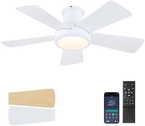 Ceiling Fans with Lights, Modern Low Profile Ceiling Fan with Light and Remote Control, 5 Dual-Sided Blades, Reversible DC Motor, 40" White Small Flush Mount Ceiling Fan for Bedroom Indoor/ Outdoor Use