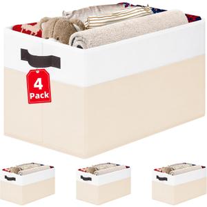 Criusia 4 Pack Baby Clothes Organizer Bins, Fabric Collapsible Storage Baskets with Handles, Odorless Storage Bins for Toy Clothes Nursery Kids Room Playroom Classroom (14Lx10Wx9.5H) (White with Beige)