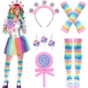 Galentine's Day Candyland Costume Accessories Headband Sweet Rainbow Necklace Lollipop Earrings Jombo Handheld Candy Gloves Tights for Candy Theme Cosplay Accessories