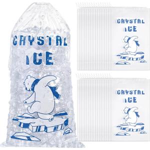 Honoson 100 Pcs 10 lb Plastic Ice Storage Bag with Cotton Drawstring Closure for BBQs, Camping, Food Stalls Refillable Clear Ice Pouch Bags for Freezer Takeaway(Polar Bear)