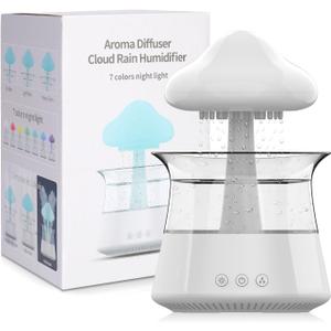 Aroma Cloud Rain Humidifier for bedroom with Soothing Rain Sounds Sleep Aid, Waterfall Night Light, Mushroom Design Air Moisturizer Room Decor Aesthetic for living room (White) (Regular)