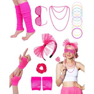80s 90s Outfit Costume Accessories for Women Rave Outfits, 80s Party Lace Headband Necklace Accessory Sets for Festival Outfits Masquerade Retro Party Pink